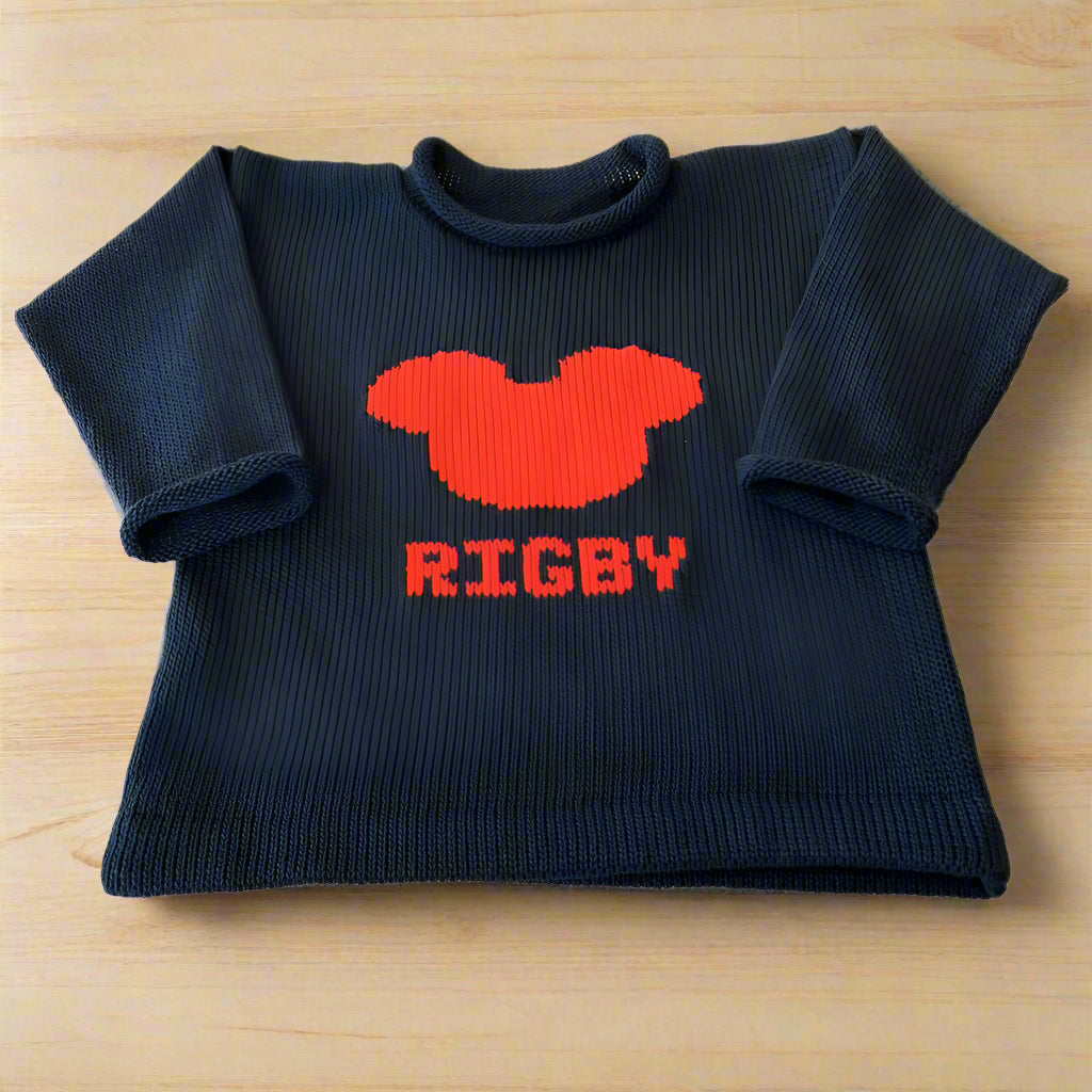 Personalized Mickey Mouse sweater for kids, featuring custom name embroidery