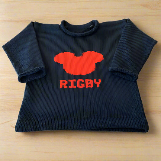 Personalized Mickey Mouse sweater for kids, featuring custom name embroidery